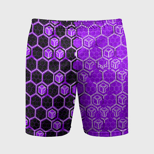 Мужские спортивные шорты Техно-киберпанк шестиугольники фиолетовый и чёрный / 3D-принт – фото 1