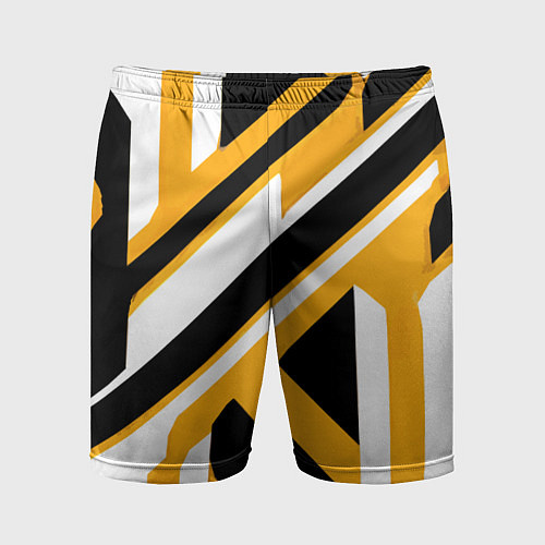 Мужские спортивные шорты Чёрно-белые полосы и фигуры на жёлтом фоне / 3D-принт – фото 1