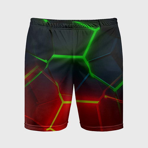 Мужские спортивные шорты Зеленые и красные неоновые плиты в разломе / 3D-принт – фото 1