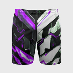 Мужские спортивные шорты Хаотичная фиолетово-белая абстракция на чёрном фон