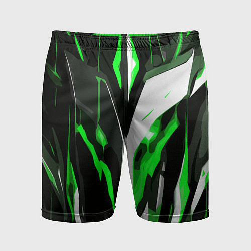 Мужские спортивные шорты Зелёно-белая абстракция и чёрный фон / 3D-принт – фото 1