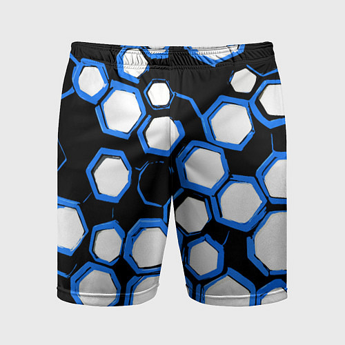 Мужские спортивные шорты Бело-синие шестиугольники на чёрном фоне / 3D-принт – фото 1