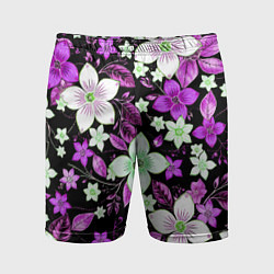 Шорты спортивные мужские Фиолетово-белые цветы на чёрном фоне, цвет: 3D-принт