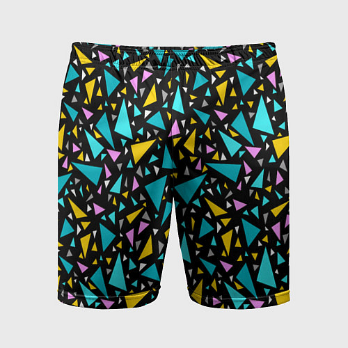 Мужские спортивные шорты Разноцветные яркие треугольники на черном / 3D-принт – фото 1