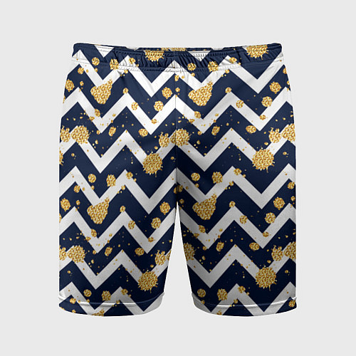 Мужские спортивные шорты Золотые кляксы на фоне бело-синего паттерна / 3D-принт – фото 1