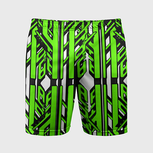 Мужские спортивные шорты Чёрно-зелёные техно полосы на белом фоне / 3D-принт – фото 1