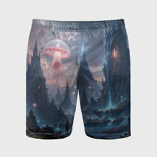 Мужские спортивные шорты Фантастический мир с медузами и озеро у гор / 3D-принт – фото 1