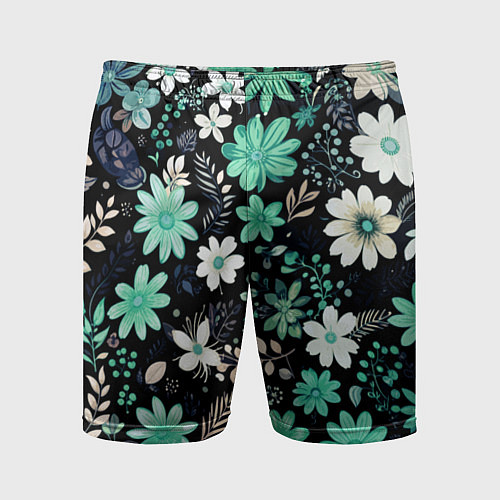 Мужские спортивные шорты Чёрный в зелёный цветочек стилизованный / 3D-принт – фото 1