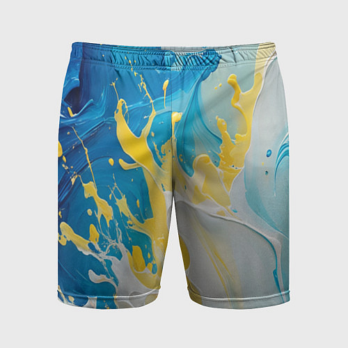 Мужские спортивные шорты Масляные краски, брызги, желтые белые синие цвета / 3D-принт – фото 1