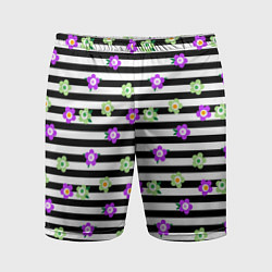 Шорты спортивные мужские Фиолетовые зеленый цветы на черно белом полосатом, цвет: 3D-принт
