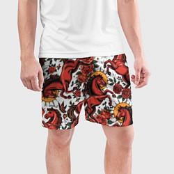 Шорты спортивные мужские Красный конь в стиле татуировки, цвет: 3D-принт — фото 2