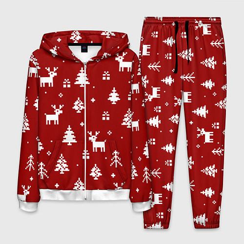 Мужской костюм Новогодние олени и елки на красном фоне / 3D-Белый – фото 1
