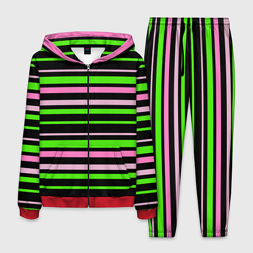 Мужской костюм Полосаты узор в зелено-розовых оттенках на черном / 3D-Красный – фото 1