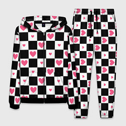Костюм мужской Розовые сердечки на фоне шахматной черно-белой дос, цвет: 3D-черный