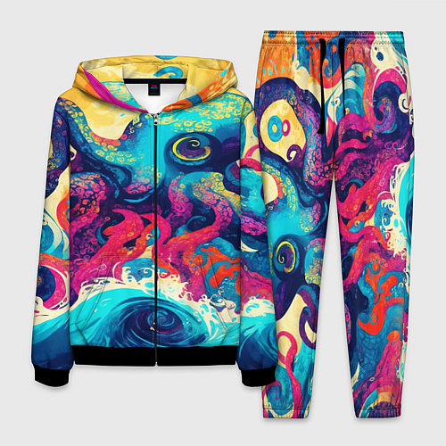 Мужской костюм Разноцветный осьминог на волнах красок / 3D-Черный – фото 1