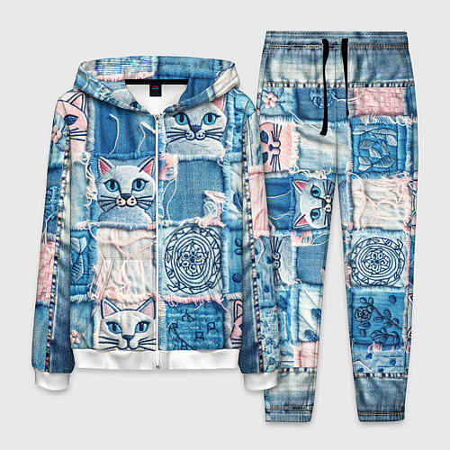 Мужской костюм Кошки на пэчворк джинсах паттерн / 3D-Белый – фото 1