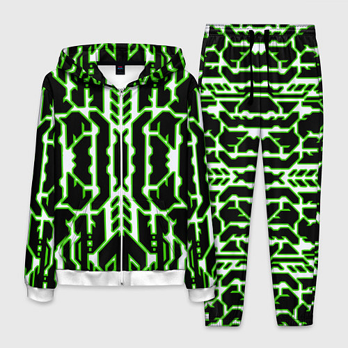 Мужской костюм Техно белые линии с зелёной обводкой на чёрном фон / 3D-Белый – фото 1