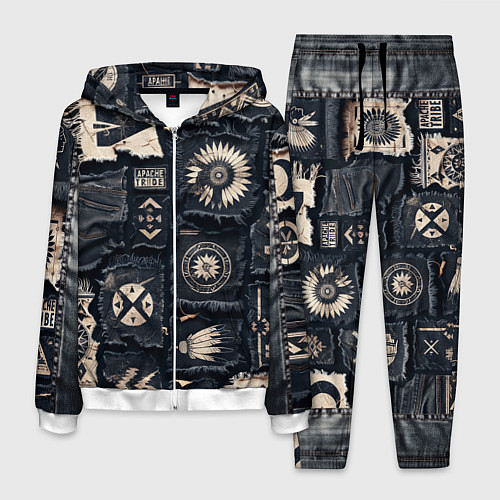 Мужской костюм Знаки Апачи на пэчворк дениме / 3D-Белый – фото 1