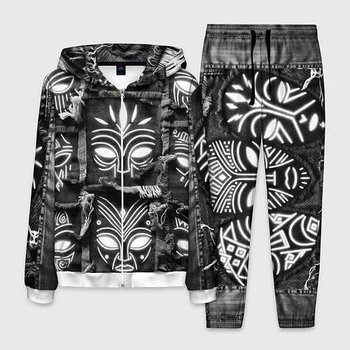 Мужской костюм Африканские маски на пэчворк дениме / 3D-Белый – фото 1