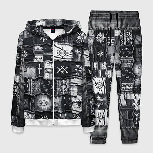 Мужской костюм Символы Апачи на пэчворк дениме / 3D-Белый – фото 1