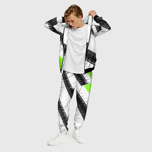 Мужской костюм Диагональные чёрно-белые полосы на зелёном фоне / 3D-Черный – фото 3