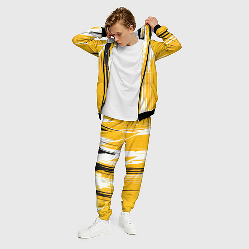 Мужской костюм Вертикальные чёрно-белые линии на жёлтом фоне / 3D-Черный – фото 3