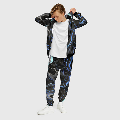 Мужской костюм Синие флюиды на чёрном фоне / 3D-Черный – фото 3