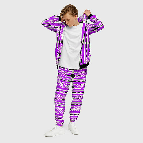 Мужской костюм Бело-фиолетовые техно полосы на чёрном фоне / 3D-Черный – фото 3