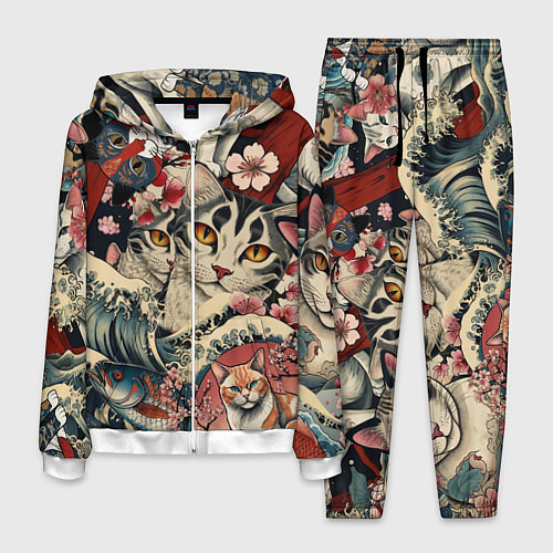 Мужской костюм Котики и рыбки в сакуре / 3D-Белый – фото 1