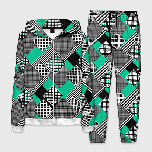 Мужской костюм Черно бирюзовая абстрактная геометрия пэчворк / 3D-Белый – фото 1