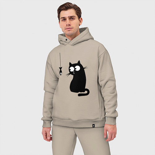 Мужской костюм оверсайз Кот и рыба / Миндальный – фото 3