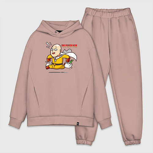 Мужской костюм оверсайз Счастливый Сайтама с пакетами продуктов One Punch- / Пыльно-розовый – фото 1