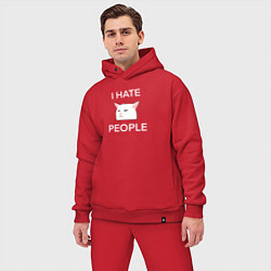 Мужской костюм оверсайз I hate people, текст с белым мемным котом, цвет: красный — фото 2