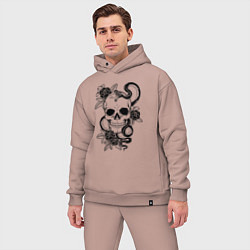 Мужской костюм оверсайз Чёрная мамба обвивает череп и розы, цвет: пыльно-розовый — фото 2