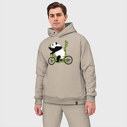 Мужской костюм оверсайз Панда на велосипеде с бамбуком, цвет: миндальный — фото 2