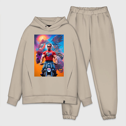 Мужской костюм оверсайз Арнольд Шварценеггер на мотоцикле - нейросеть / Миндальный – фото 1