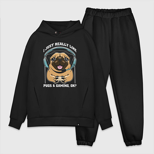 Мужской костюм оверсайз I just really like pugs gaming ok / Черный – фото 1