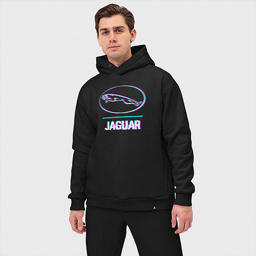 Мужской костюм оверсайз Значок Jaguar в стиле glitch / Черный – фото 3