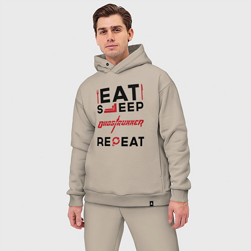 Мужской костюм оверсайз Надпись: eat sleep Ghostrunner repeat / Миндальный – фото 3