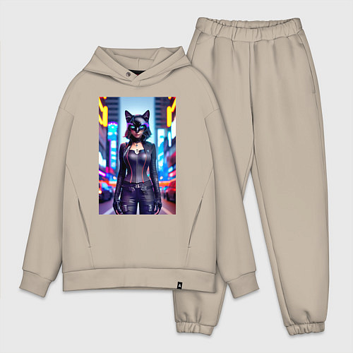 Мужской костюм оверсайз Крутая кисуля - киберпанк - Нью-Йорк / Миндальный – фото 1