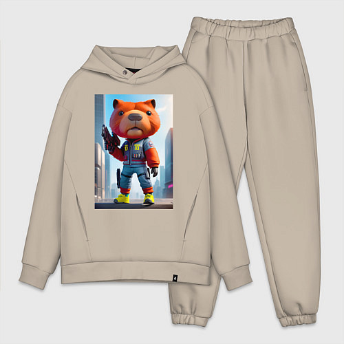 Мужской костюм оверсайз Крутой кроха капибара - киберпанк - нейросеть / Миндальный – фото 1