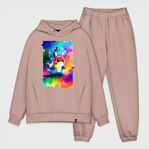 Мужской костюм оверсайз Акварельный Пикачу - поп-арт / Пыльно-розовый – фото 1