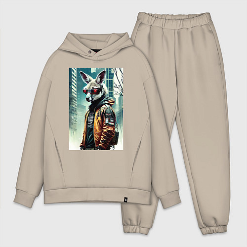 Мужской костюм оверсайз Кенгуру в Нью-Йорке - киберпанк - нейросеть / Миндальный – фото 1