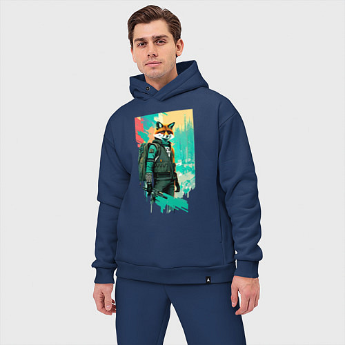 Мужской костюм оверсайз Лис-геолог - нейросеть / Тёмно-синий – фото 3