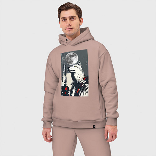 Мужской костюм оверсайз Волк на фоне луны - мегаполис - нейросеть / Пыльно-розовый – фото 3