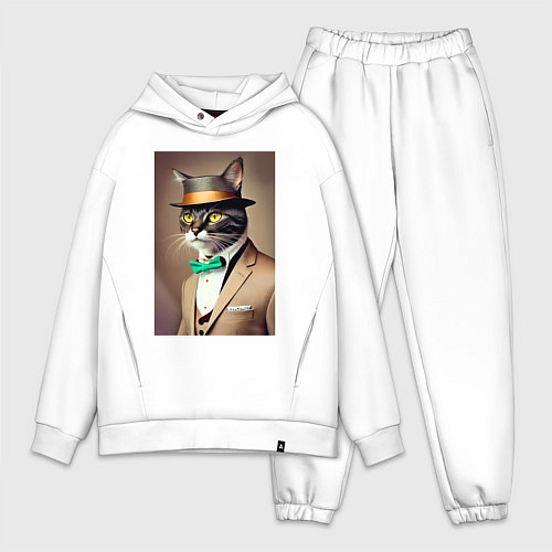 Мужской костюм оверсайз Портрет кота джентльмена в шляпе / Белый – фото 1