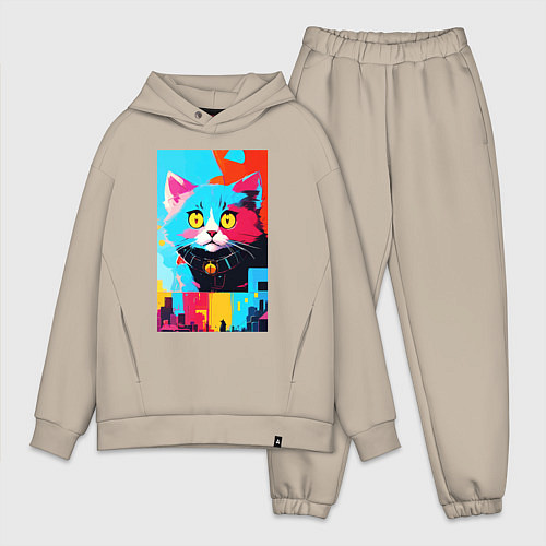 Мужской костюм оверсайз Изумлённый котёнок - поп-арт - нейросеть / Миндальный – фото 1