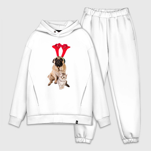 Мужской костюм оверсайз Мопс с ушками и котёнок / Белый – фото 1