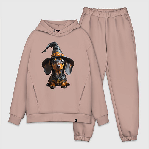 Мужской костюм оверсайз Такса в шляпе ведьмы хэллоуин / Пыльно-розовый – фото 1