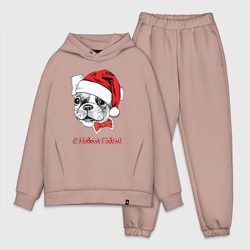 Мужской костюм оверсайз Новогодний французский бульдог с бабочкой в шапке / Пыльно-розовый – фото 1
